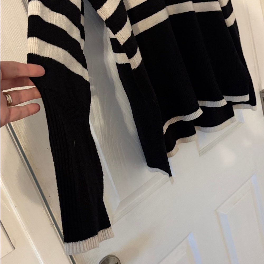 Striped Knit Sweater Black White Quarter Zip Minimalist Chic L - Picture 5 of 7